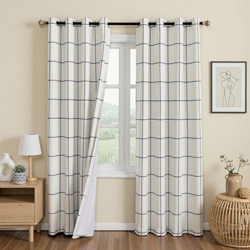 Image of MYSKY HOME 100% Blackout Navy Blue Plaid Linen Farmhouse Curtains 84 Inches Long 2 Panels Set Double Layer Thermal Insulated Checkered Patterned Drapes for Living Room Bedroom, W52 Each Panel