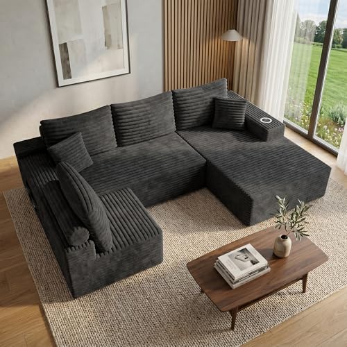 Image of 106 inch Cloud Modular Sectional Couch with Ottoman, Modern U Shaped Corduroy Sofa, Higher 17.7 inch Seat Height, 32D Pure Foam,Built in Cup Holders,No Assembly for Living Room (Dark Gray,Right Facing Chaise)