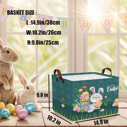 Image of Large Cute Easter Basket for Kid Empty Gift Baby Rectangle Storage Bin Bunny Eggs Boy&Girl Room Decor (Rabbit Blue)