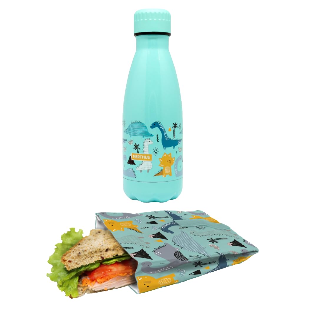 Gourde etanche enfant et sac pliable dinosaures pour ecole