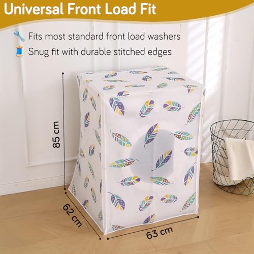 Image of HOKIPO Waterproof Front Load Washing Machine Cover | PEVA Dustproof Protective Cover for 6kg, 6.5kg, 7kg & 7.5kg Fully Automatic Machines | Size 63x62x85 cm, Boho Feathers (AR-5878-D5)