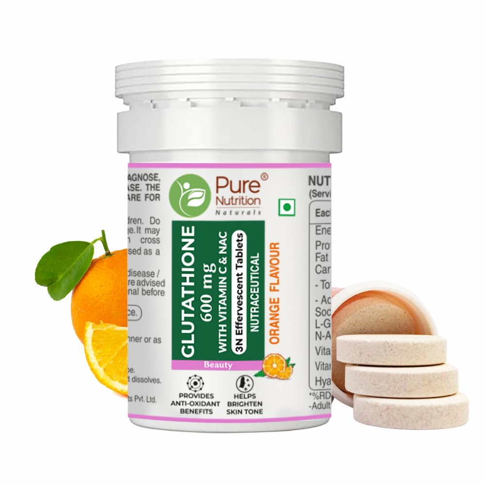 Pure Nutrition L-Glutathione 600mg 3 Effervescent Tablets for Men & Women | With Vitamin C & Saffron | Anti-Aging Antioxidants for Glowing & Clear Skin | Supports Skin Brightening, Detox & Immunity | Orange Flavour