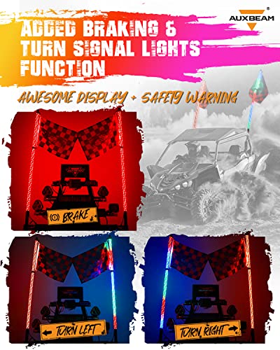 Auxbeam Led Light Whips 3Ft 2Pcs Spiral Rgb Led Whip Lights For Atv With Brake&Turn Signal Light, Lighted Whip Antenna For Utv Truck Whip Lights Bluetooth Control, Compatible With Jeep Rzr Can-Am #TOP1