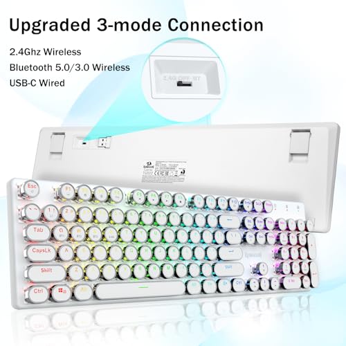 Image of Redragon K710 Wireless Typewriter Mechanical Gaming Keyboard, Bluetooth /2.4Ghz /Wired, RGB LED Backlit, Blue Switch - Clicky, Rechargeable, Solid Metal Panel, Round Keycaps, White