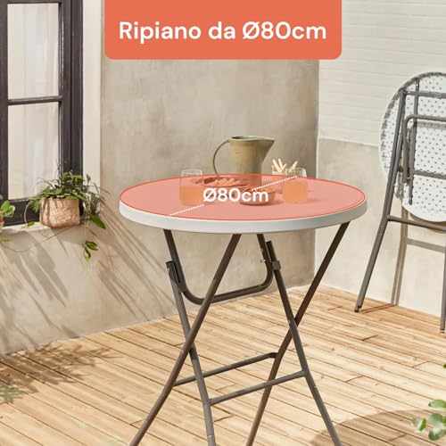 Avilia Klapptisch, rund, weiß, Ø80 cm, Platte aus Harz und Gestell aus Stahl, zusammenklappbar, für Innen und Außen, modernes Design, einfach zu bedienen und platzsparend