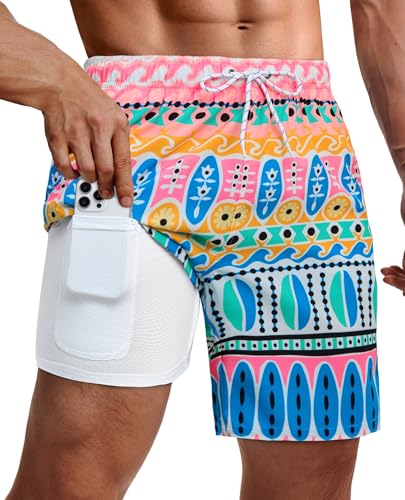 Gleeease Swim Shorts Men Mens Swimming Trunks 9 inch with Compression Liner Pockets Drawstring Quick Dry Stretch Lined Funny 2-in-1 Beach Swimming Pool Surf Multicolor Totem Large