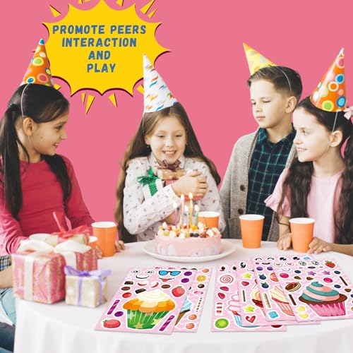 Cupcake Stickers, Make a Face Sticker Sheets for Kids, 36 Sheets Create Your Own Sticker, Tea Party Favors for Kids, Birthday Party Activities Exchange Gifts, Party Craft