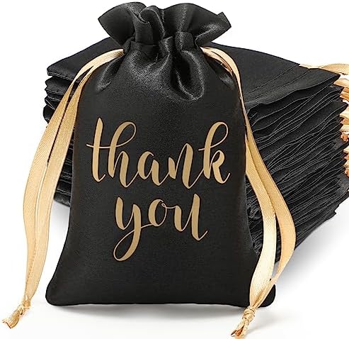 50 Pcs Thank You Satin Gift Bags with Drawstring Jewelry Candy Gifts Bags for Wedding Bridal Shower Gift Wrap Bags for Baby Shower Birthday Party Favor(Black, 6 x 9 Inch)