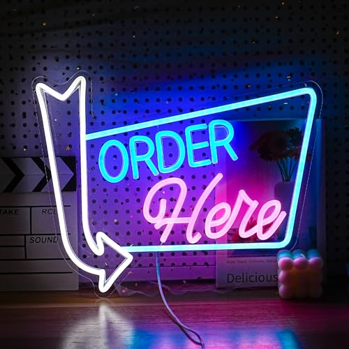 Image of Order Here Neon Sign Led letters Sign Dimmable Order Neon Light for Wall Decor Larger Order Here Light Up Sign for Restaurant Shop Bar Business Neon Decor(16.1 * 12.6 In)