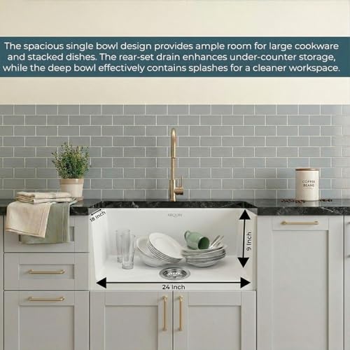 Image of ARQUIN Quartz Kitchen Sink 24x18x9 Inch White | Single Bowl Sink | Durable & Scratch-Resistant | Undermount /Topmount Including Coupling, Waste Pipe & Fruit Washing Basket