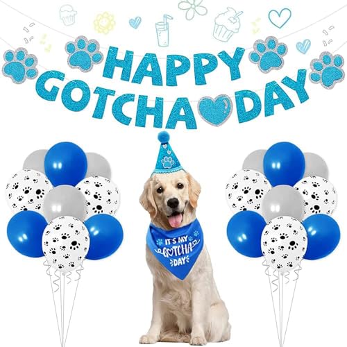 SINFUN Happy Gotcha Day Dog Bandana- Dog Birthday Party Supplies Boy Girl Gotcha Day Triangle Scarf with Hat Banners Balloons Its My Gotcha Day Bibs Adoption Party Decor for Small Large Dogs-Blue