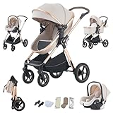 Shineey Poussette Combinée 3 en 1,Poussettes Citadines Avec Siège,Poussette 3 en 1 avec Poignée Réglable en Hauteur,poussette trio Paysage Haut Cadre en Aluminium (D2-RICEWHITE, H2-D)
