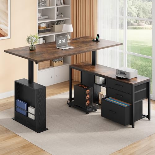 Image of 63 Inch L Shaped Desk with 3 Drawers Electric Standing Desks with Storage Computer Table Adjustable Height with Power Outlets 4 Memory Presets for Home Office, Rustic Brown