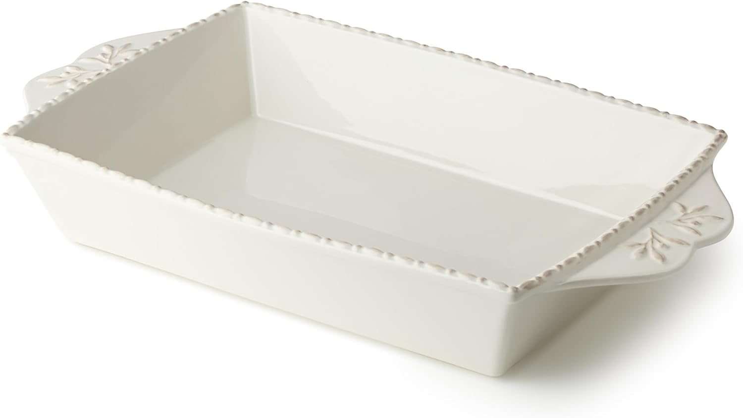 Heritage Rectangular Baker 16" x 10.25" 144oz – Ivory Stoneware Baking Dish with Embossed Leaf Handles & Beaded Rim – Farmhouse Oven-to-Table Serveware for Casseroles, Lasagna, Roasts