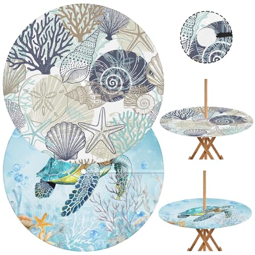 Britown Round Tablecloth with Umbrella Hole, Sea Turtle, 2pc, 45"-54"