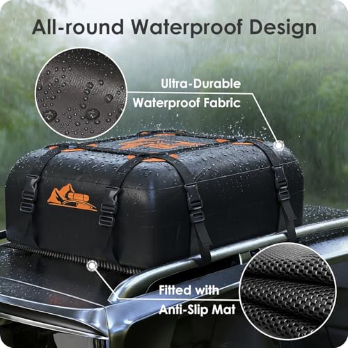 BATSUVCER Car Rooftop Cargo Carrier Bag 15 Cubic Feet, 100% Waterproof Heavy Duty Car Roof Bag for All Vehicle with/Without Racks - Anti-Slip Mat, 4 Door Hooks, Storage Bags, 4PCS 3.8CM Straps(Orange) - Thumbnail 2