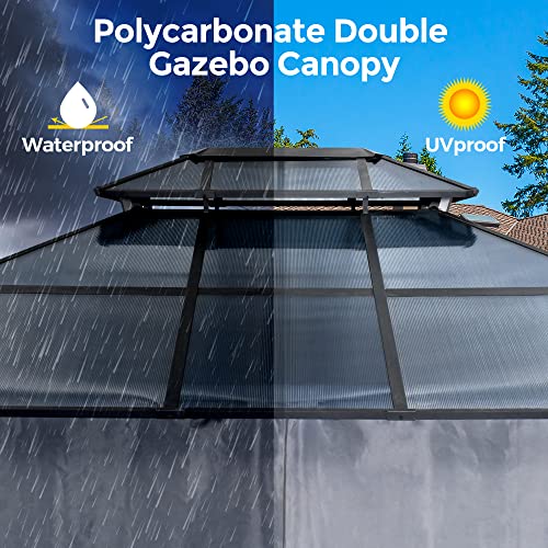Happatio 10'X 12' Outdoor Polycarbonate Double Hardtop Roof Gazebo, Aluminum Furniture Gazebo Canopy With Netting And Curtains For Patio, Lawns, Parties, Backyard (Gray) #TOP4