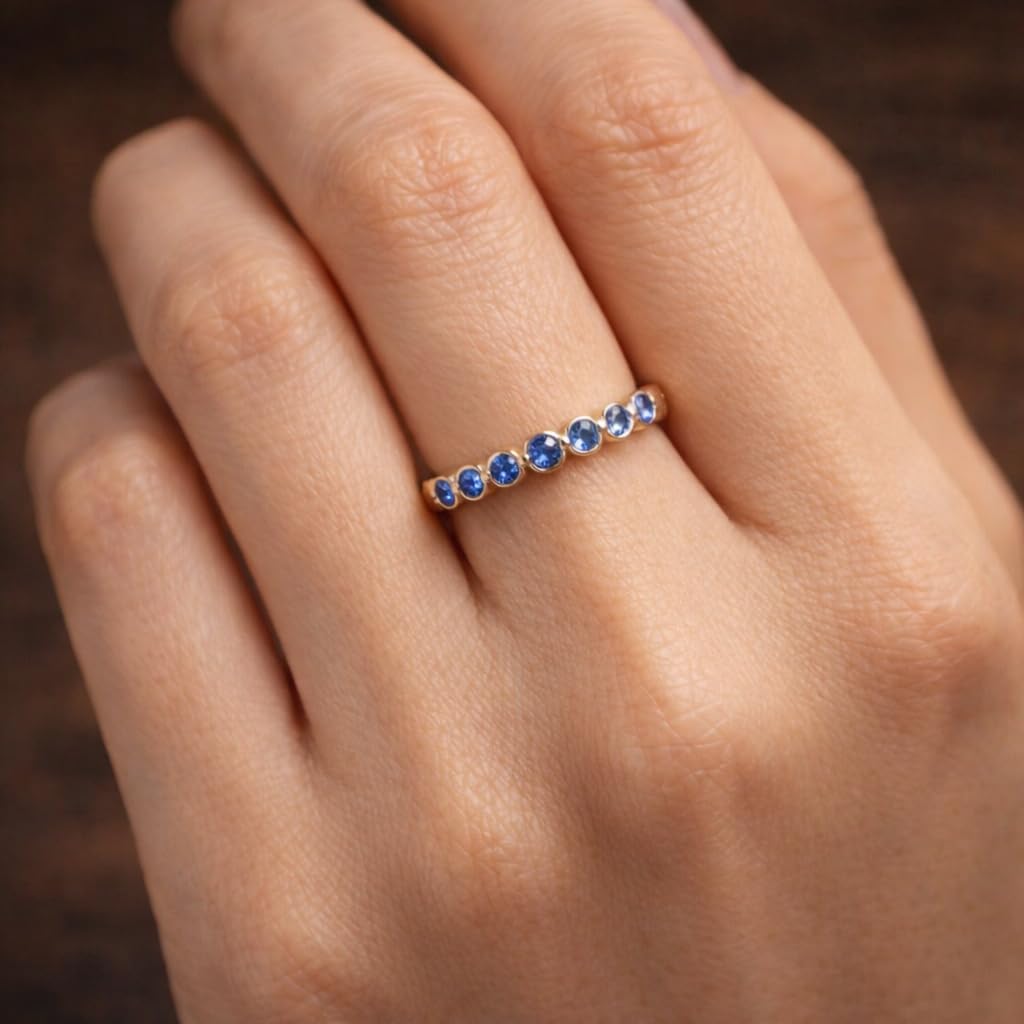 Round Cut Blue Sapphire Wedding Band Rose Gold Plated Half Eternity Stackable Ring September Birthstone Anniversary Jewelry Gift for Her