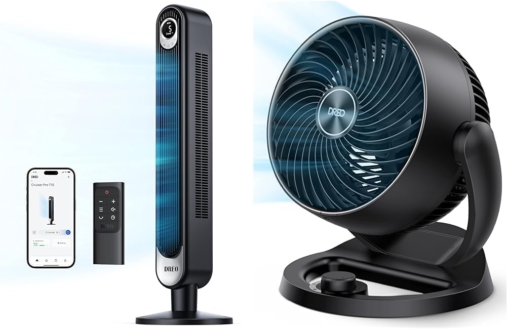 Dreo Smart Tower Fan WiFi Voice Control, Compatible with Alexa/Google & Fans for Home Bedroom, Table Air Circulator Fan for Whole Room, 12 Inch, Black
