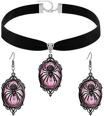 Gothic Spider Necklace Earring Set for Women Vintage Black Velvet Choker Necklace Goth Victorian Spider Cameo Pendant Necklace Dark Style Crystal Insect Drop Dangle Earring Mystic Halloween Party Jewelry