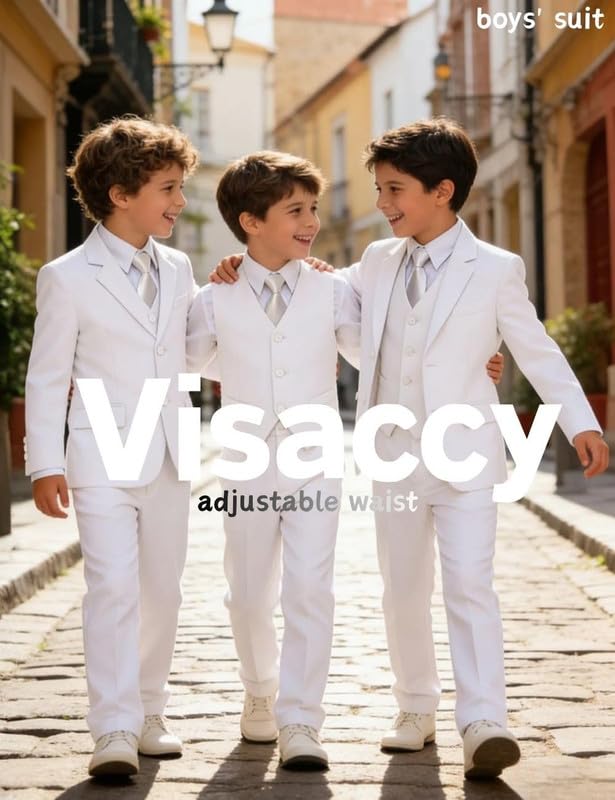 Image of Visaccy Boys Formal Suit Slim Fit Tuxedo Suits for Kids Ring Bearer Outfit | Toddler Boy Suits Set,Adjustable Waist,Dress Clothes