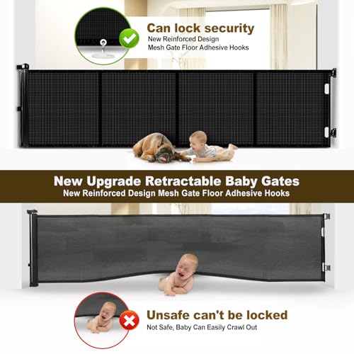 Miumoon Upgrade 200 inch Retractable Baby Gates Extra Wide with Reinforced Strip Design to Prevent Crawling Through, 200\" Retractable Dog Gate, 34\" Tall, Retractable Gate for Indoor/Outdoor(Black)