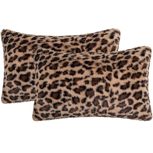 Muorruo Set of 2 Faux Fur Leopard Print Cushion Covers, 30 x 50 cm, Soft Plush Animal Motif Decorative Cushions for Sofa, Bed and Armchair, Safari-Inspired Decor in Terracotta Brown