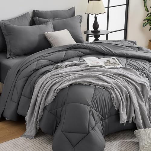 HEVUMYI 7 Pieces Queen Comforter Set, All Season Reversible Bed in a Bag, Ultra Soft Queen Bedding Set with Grey Comforter, Flat Sheet, Fitted Sheet, Pillowcases, Pillow Shams, Dark Grey