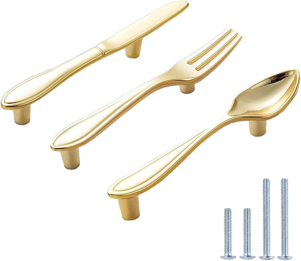 CENGOOD 3-Pack Cabinet Pulls Spoon Knife Fork Shape Door Handles Hole Center 3" Gold