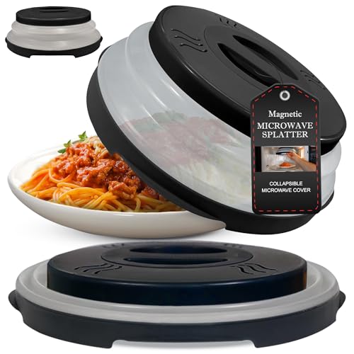 High Power Magnetic Microwave Splatter Cover with strongest magnetic grip, Collapsible 12-Inch BPA-Free Food Lid, Vented Plate Guard, Dishwasher Safe, Space-Saving Magnetic Storage - Black