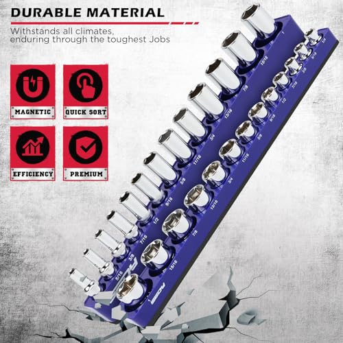 2-Piece 3/8"-Drive SAE Magnetic Socket Organizer Set (Holds 26 Sockets) - Detachable Tool Tray with 5mm Magnetic Base, Screw-Fixed Design & Heavy-Duty Modular Storage for Garage/Home Workshop