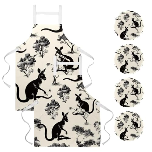 Tablier de cuisine lot de 2 avec motif kangourou multicolore et 4 broches incluses