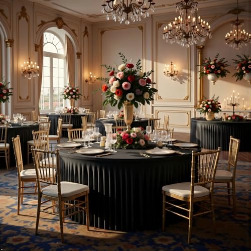 2Pack Black Round Spandex Tablecloths for 72inch/6FT Tables - Stretchy Fitted 6FT Round Table Cloths Wrinkle Free 132inch Table Cloth with Skirt for Wedding Birthday Graduation Party Banquet
