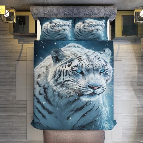 Housse de couette tigre blanc 3D parure de lit microfibre douce avec fermeture éclair 200x200