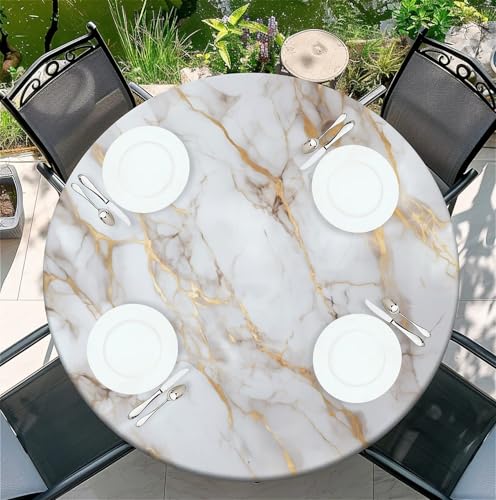 Round Fitted Tablecloth with Elastic Edge, Waterproof Stain Resistant Fabric Table Cover for 37"-44" Round Table, Indoor Outdoor Dining, Kitchen Decor, Camping, Party, Holiday, Gold White Marble by Generic - Used condition - Image 6