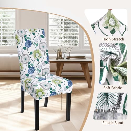 Image of SearchI Printed Dining Room Chair Covers Set of 4, Stretch Kitchen Chair Covers Washable Parsons Chair Slipcover Removable Dining Chair Protectors for Hotel,Ceremony(Green Flowers)
