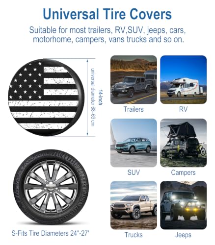 Image of RV Spare Tire Cover Black White Vintage American Flag 15in Universal Fit