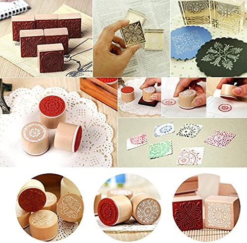 Wooden Stamps, Aulufft 25 Pcs Floral Wooden Rubber Stamps Circle and Square Retro Vintage Floral Pattern Stamps with 2 Inkpad Pens and 5 Inkpads for DIY Craft Card Diary Scrapbooking