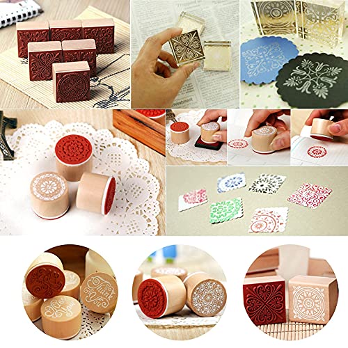 Wooden Stamps, Aulufft 25 Pcs Floral Wooden Rubber Stamps Circle and Square Retro Vintage Floral Pattern Stamps with 2 Inkpad Pens and 5 Inkpads for DIY Craft Card Diary Scrapbooking