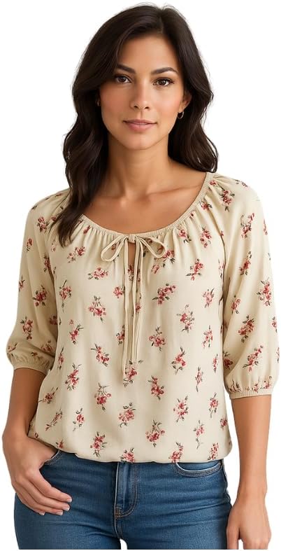 Star Vixen Women's 3/4 Sleeve Peasant Elastic-Hem Keyhole-tie Top, Cream Floral, PXL