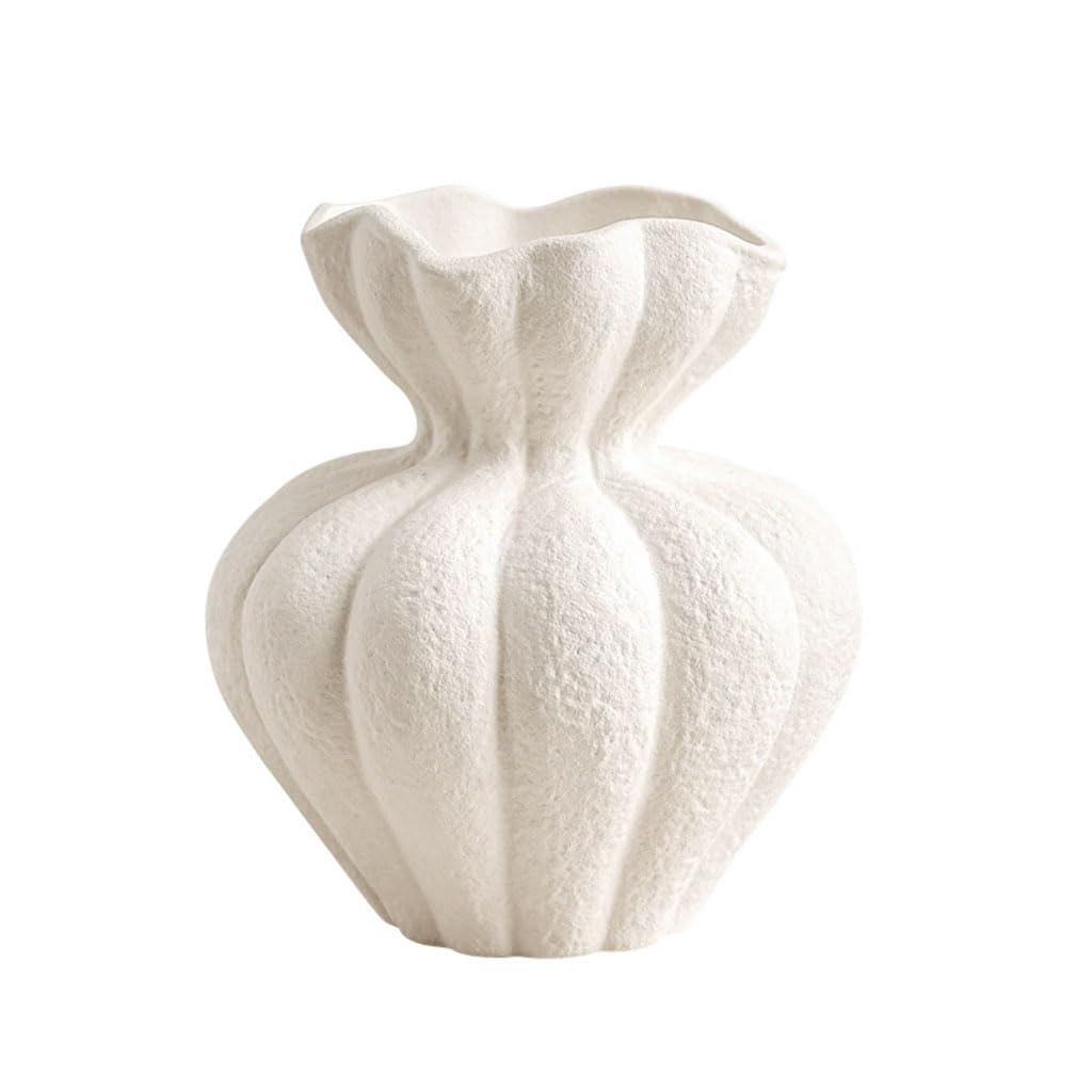 HRGKLMN Vase White Modern Ceramic Vase Ceramic Flower Vase with Grooved Shape, Wabi-Sabi Vase for Dried Flowers, Home Accessories & Decor Handmade Ceramic Vessel,White,L