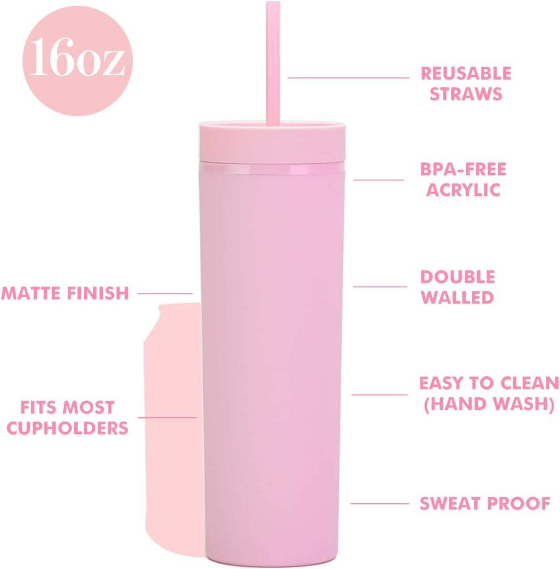 16oz Skinny Tumblers Bulk.Matte Skinny Tumblers with Lids and Straws.Double Walled Plastic Acrylic Pastel Tumbler Cups for Iced Coffee Smoothie.DIY Slim Tumbler. - Image 2