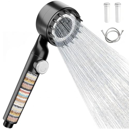 WELDUN Hard Water Filter Shower Head High Pressure Shower Head with 20 Stage Filter 1.5M Shower Hose Bathroom Massage Handheld Shower Heads with 3 Mode Water Level Regulation Bottom Black