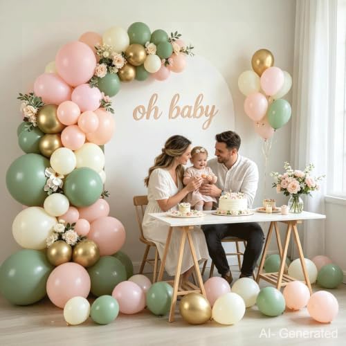 Image of Zesliwy Green Cream White Pink Gold Balloon Arch Kit, Latex, Party Decor
