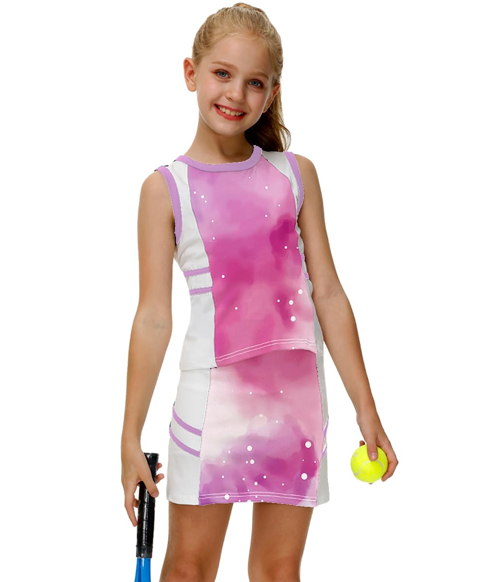 AOBUTE Girls Tennis Golf Outfit Tank Top and Skirt with Shorts Set 4-12 Years