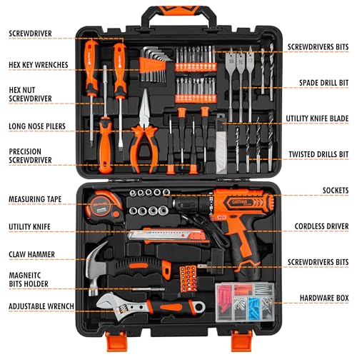 CARTMAN Power Tool Combo Kits with 12V Cordless Drill, Professional Household Home Tool Kit Set, DIY Hand Tool Kits for Garden Office House Repair, with a Robot Style Carry Box
