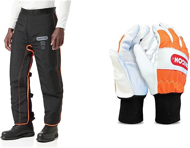 Oregon Universal Type A Chainsaw Safety Leggings, Adjustable Protective Chaps Trousers - Front Protection Only (575780) & Large Chainsaw Protection Gloves
