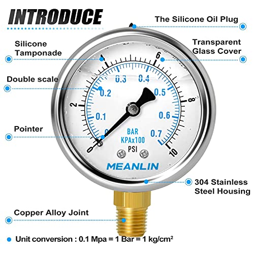 Image of MEANLIN MEASURE 0~10Psi Stainless Steel 1 /4 inch NPT 2.5 inch FACE DIAL,Liquid Filled Pressure Gauge,WOG Water Oil Air Lower Mount (Pack of 2), with 1 /2 inch NPT and 3 /8 inch NPT Hex Bushing