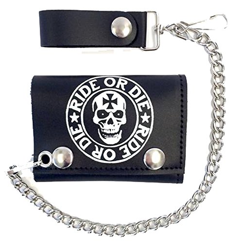 RIDE OR DIE SKULL Mens Biker Leather Tri-fold Wallet with