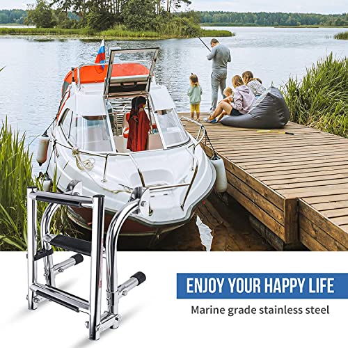 image for Hoffen Folding Boat Ladder, Stainless Steel 3 Step Swim Ladder, Collap